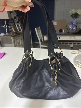 Juicy Couture YK2 Vintage Black Leather Shoulder Bag with Gold Hardware Accent